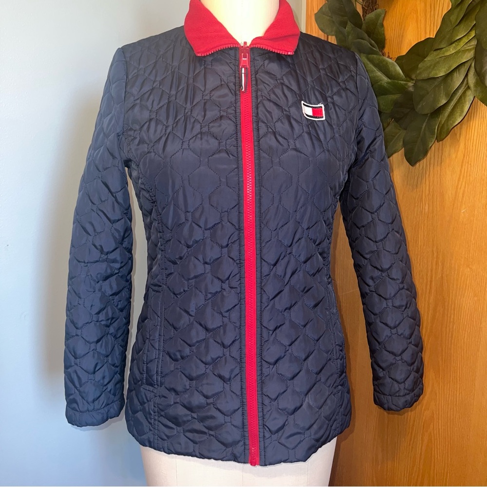 Tommy Hilfiger‎ Womens Quilted Jacket Navy Red Collar Full Zip Logo Patch
